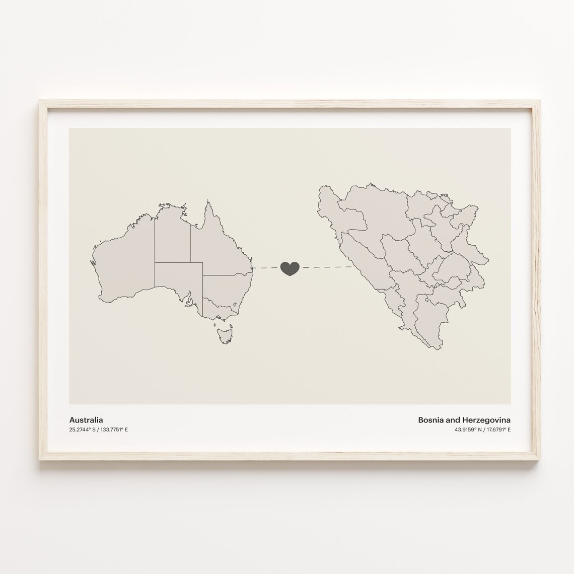 Australia Bosnia and Herzegovina Long Distance Heart Map Minimalist Love Print