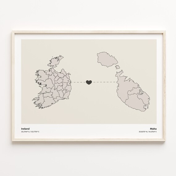 Ireland To Malta Minimalist Heart Long Distance Connection Poster