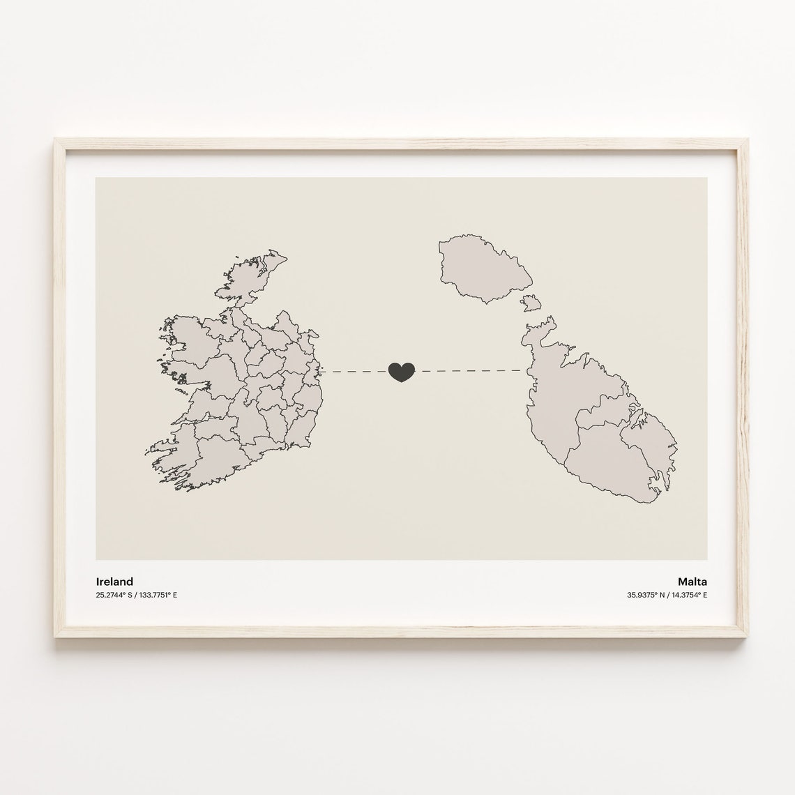 Ireland To Malta Minimalist Heart Long Distance Connection Poster