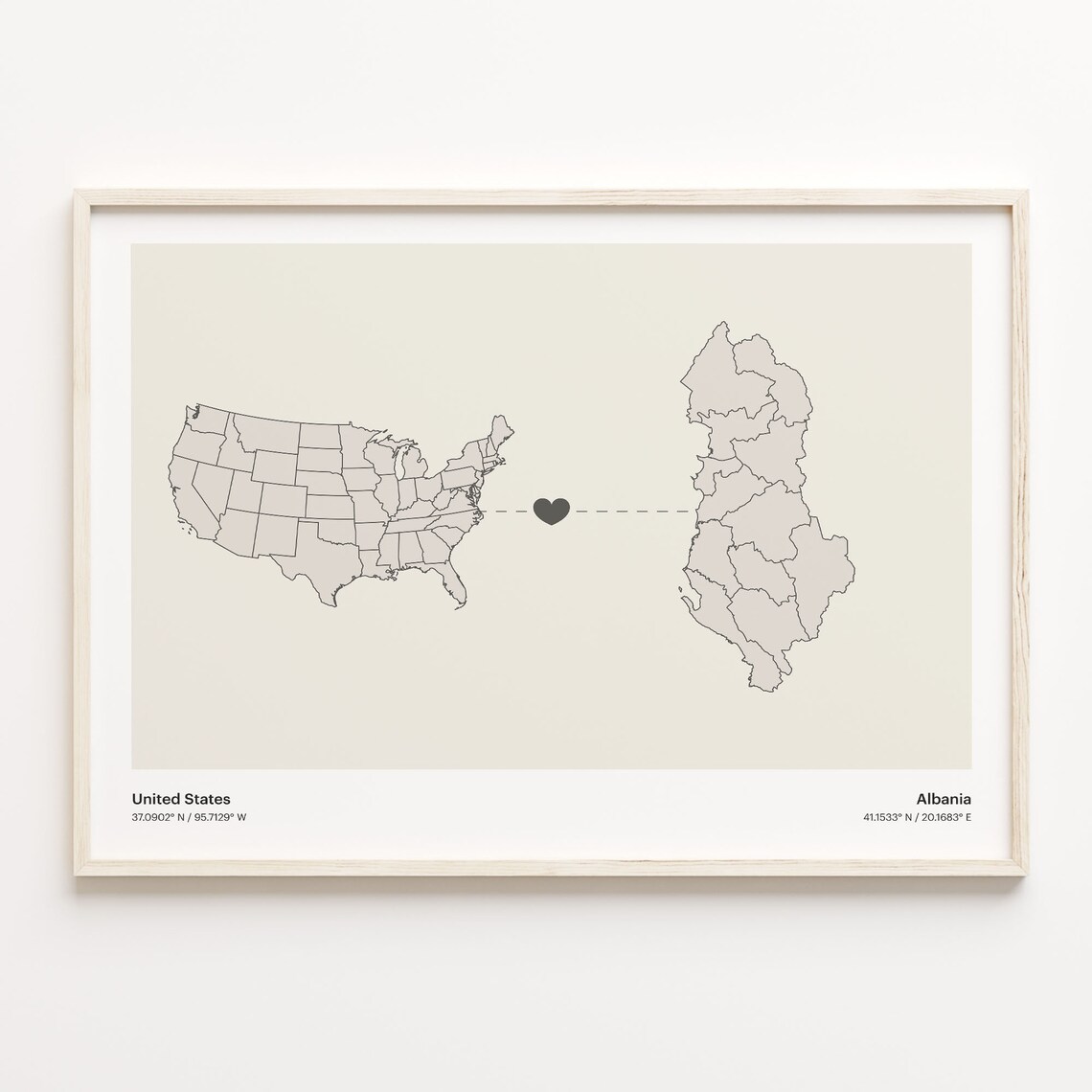 United States Albania Long Distance Heart Minimalist Map Poster
