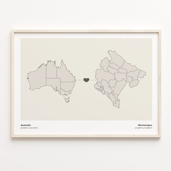Australia to Montenegro Minimalist Heart Connection Map Poster
