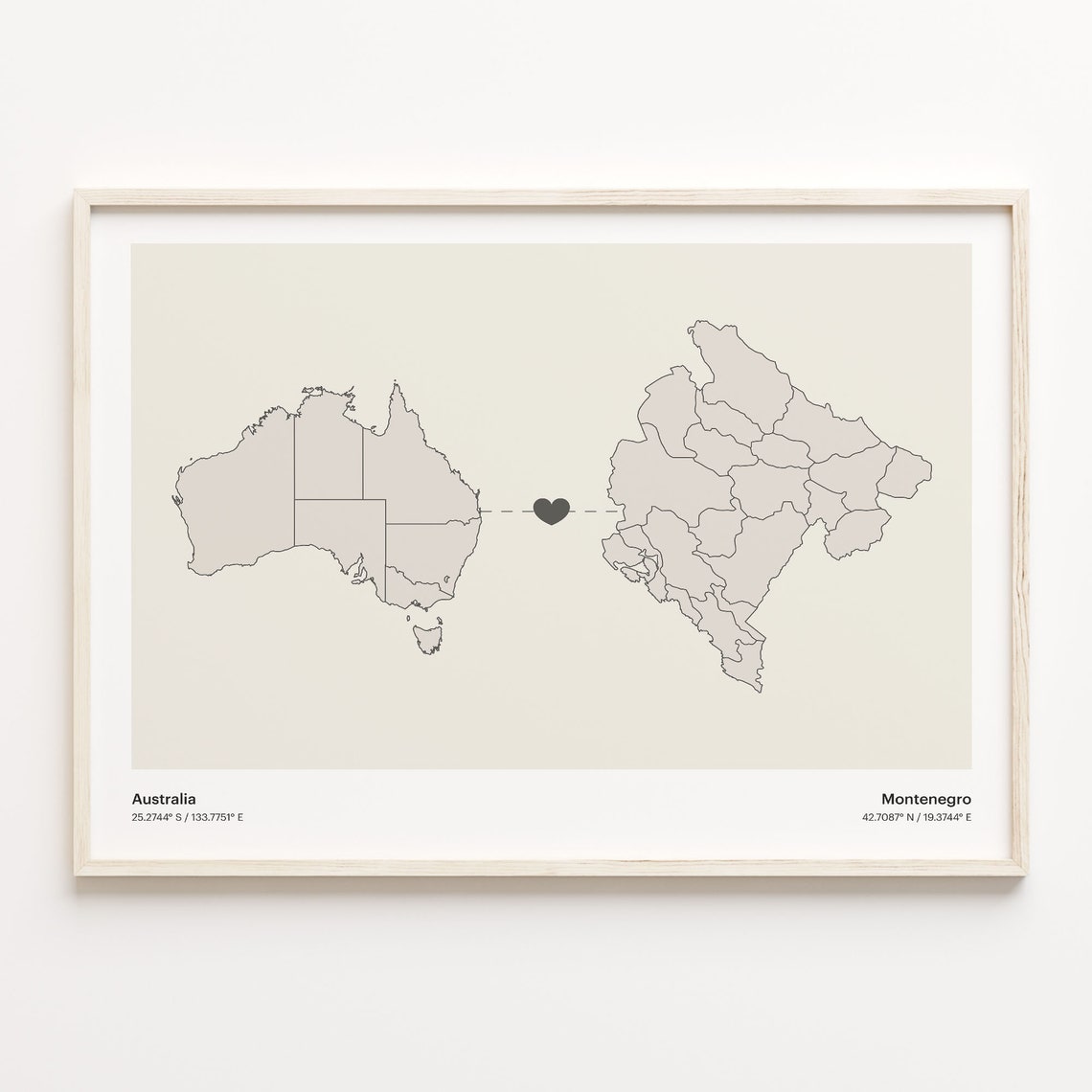 Australia to Montenegro Minimalist Heart Connection Map Poster