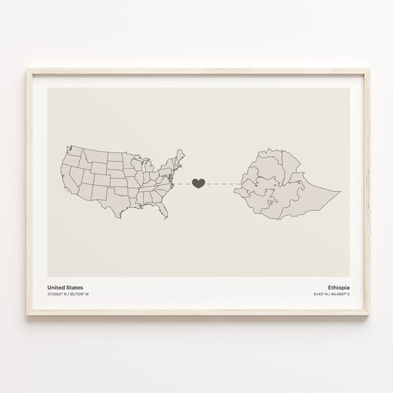 United States to Ethiopia Heart Connection Minimal Country Map Poster