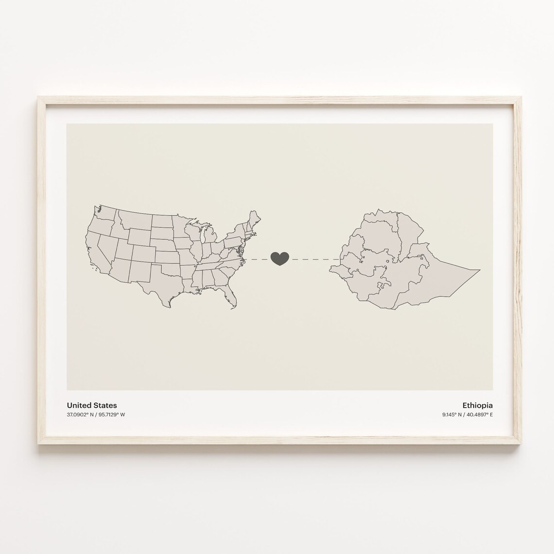 United States to Ethiopia Heart Connection Minimal Country Map Poster