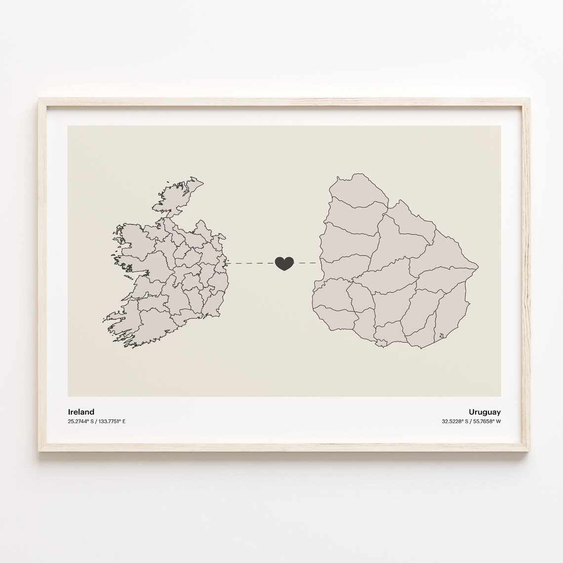 Ireland to Uruguay Heartfelt Long Distance Connection Map Poster