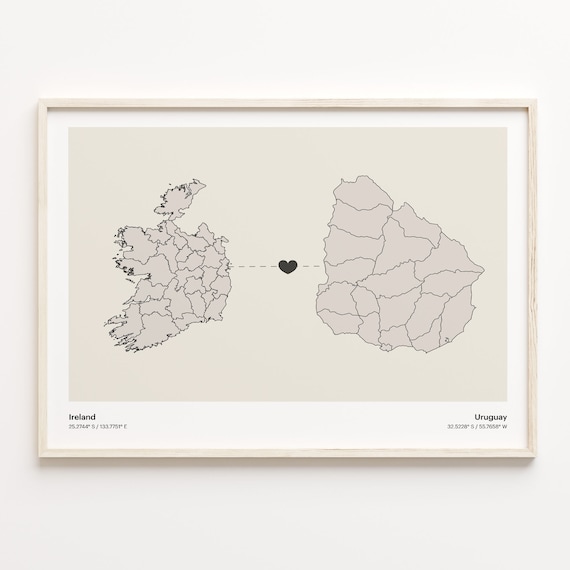 Ireland to Uruguay Heartfelt Long Distance Connection Map Poster
