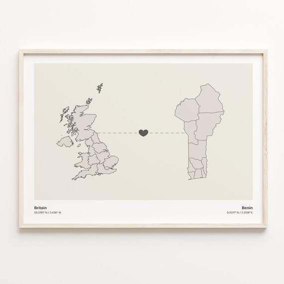 Britain to Benin Couple Heart Map Minimalist Connection Poster