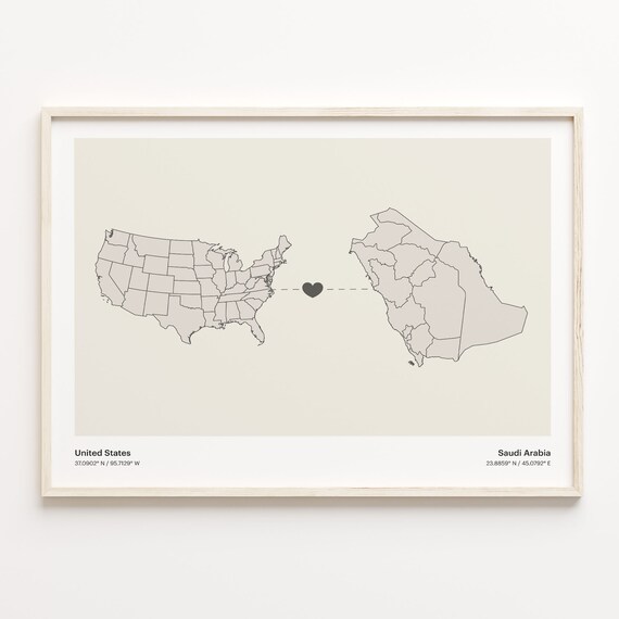 United States to Saudi Arabia Heart Connection Long Distance Map Poster