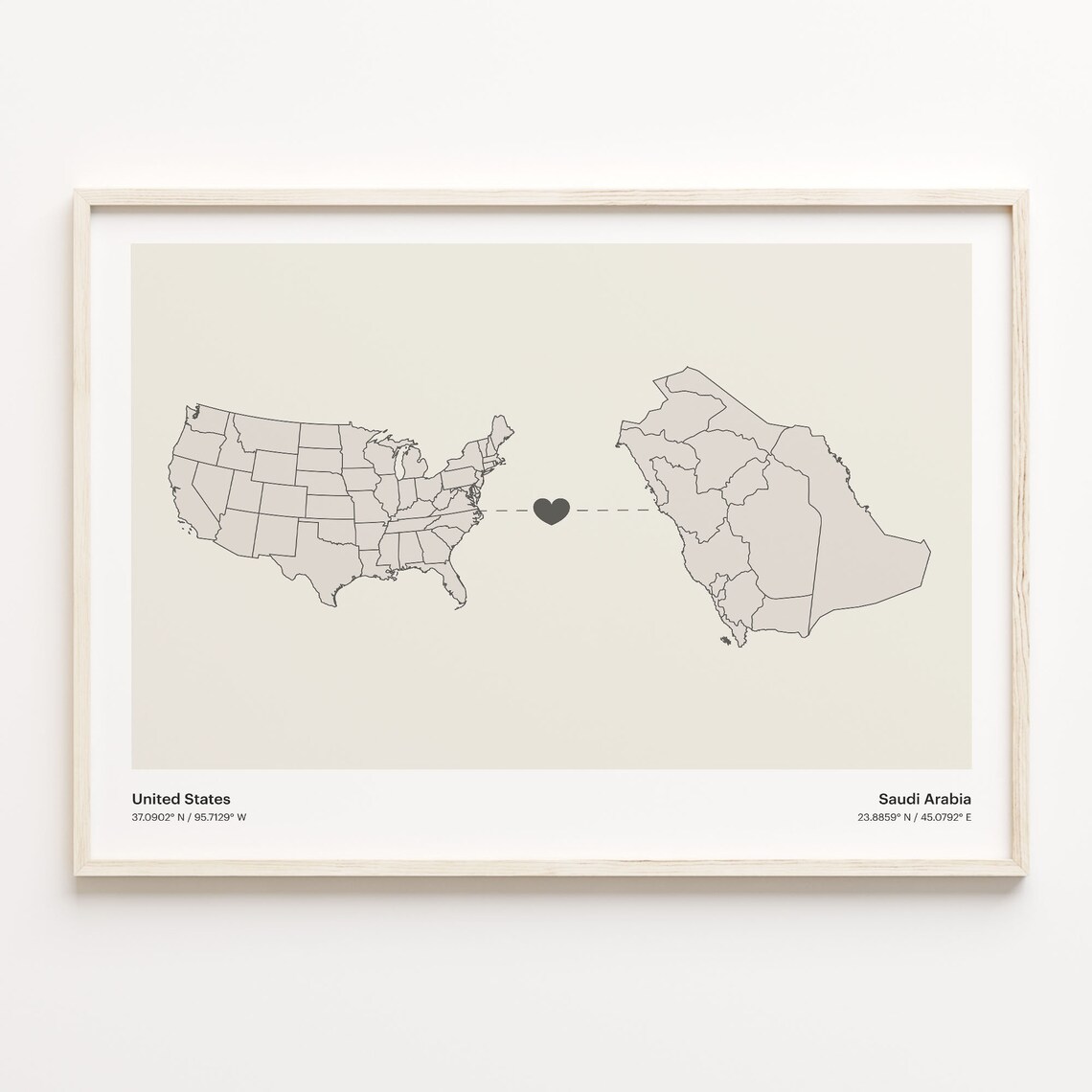United States to Saudi Arabia Heart Connection Long Distance Map Poster