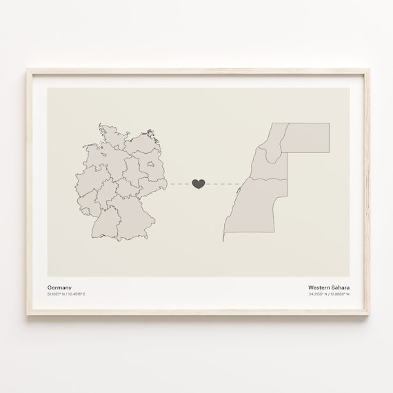 Germany To Western Sahara Long Distance Love Minimalist Map Art Poster