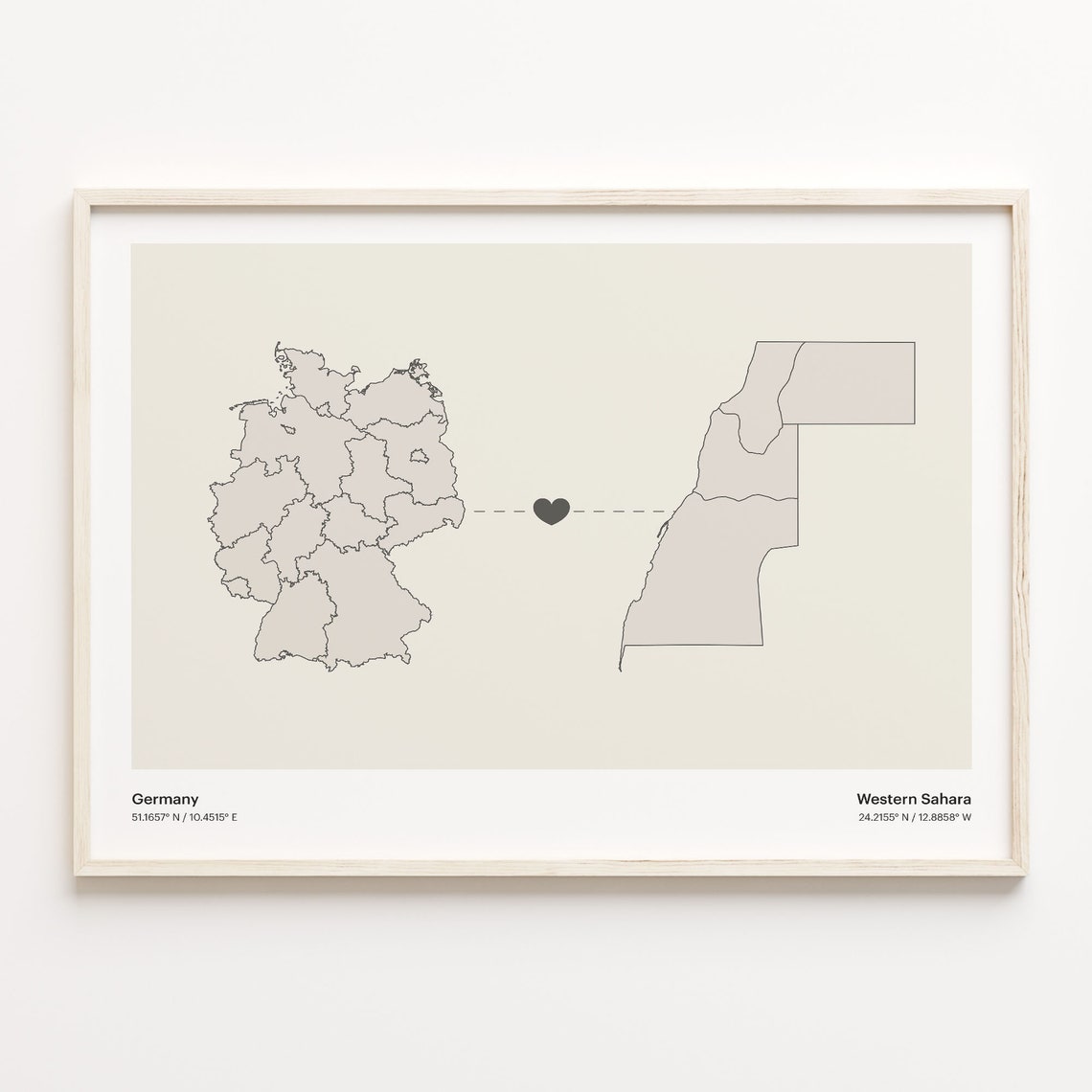 Germany To Western Sahara Long Distance Love Minimalist Map Art Poster
