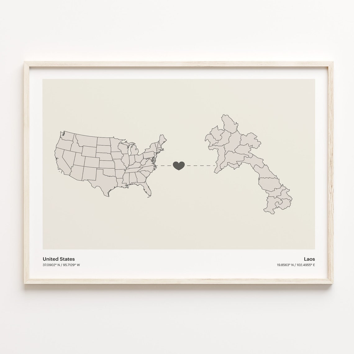 United States Laos Long Distance Heart Connection Map Poster