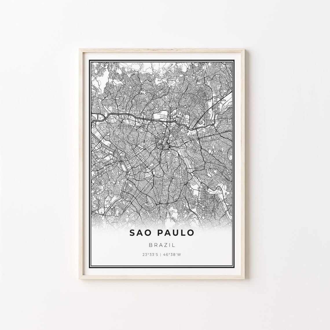 Sao Paulo Brazil Modern Minimalist Black White Street Map Poster