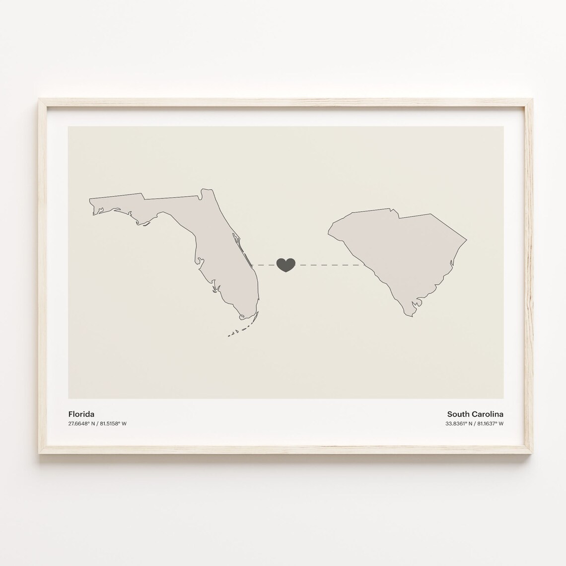 Florida to South Carolina Heart Map Long Distance Love Poster