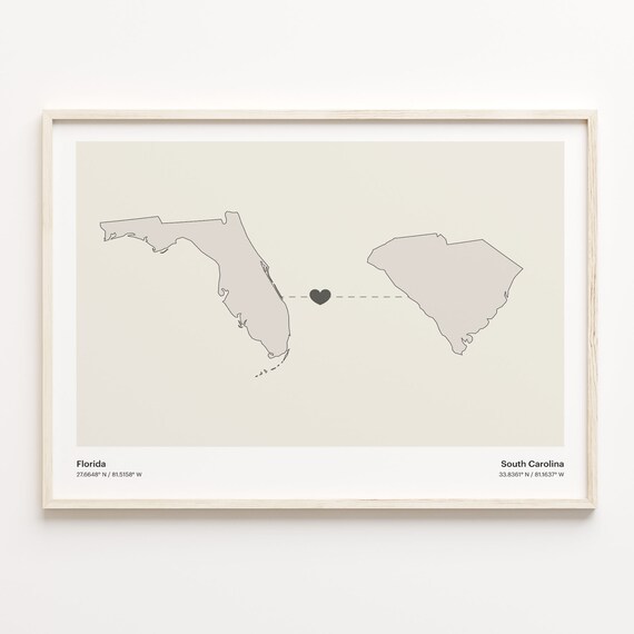 Florida to South Carolina Heart Map Long Distance Love Poster