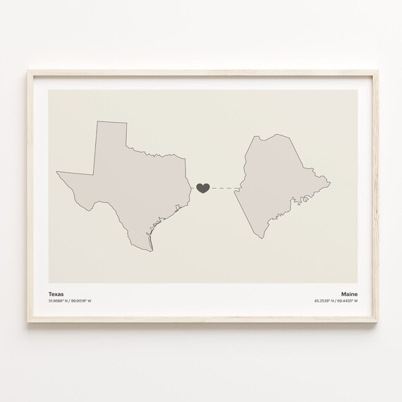 Texas to Maine Heart Connection Map Long Distance Gift Poster