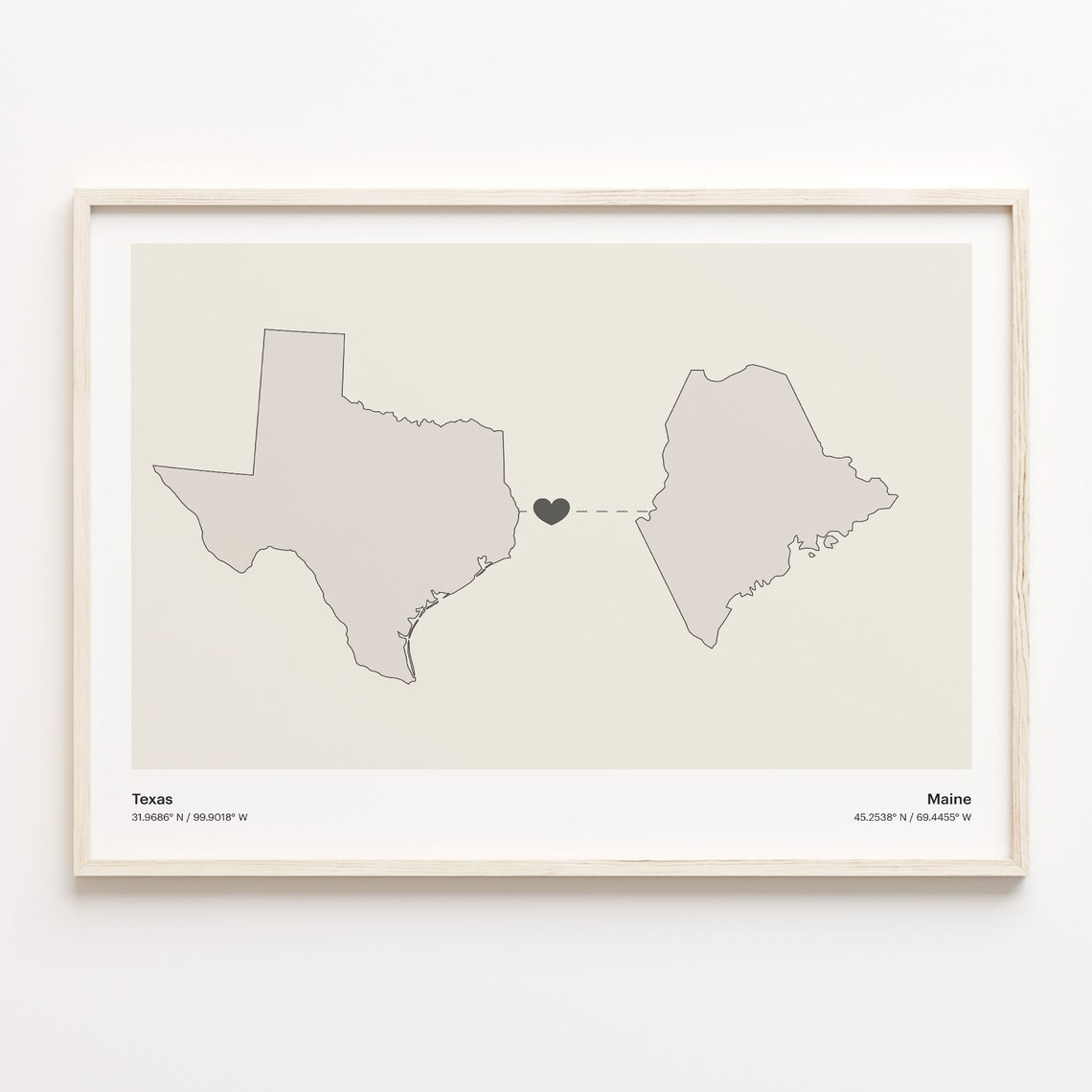 Texas to Maine Heart Connection Map Long Distance Gift Poster