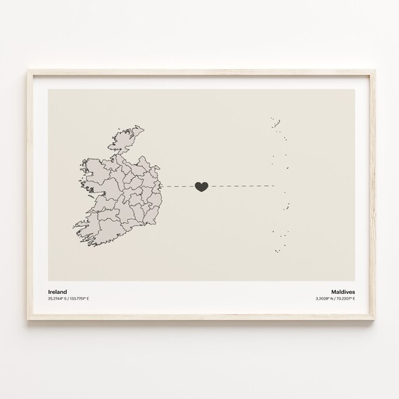 Ireland to Maldives Long Distance Heart Map Minimalist Connection Poster