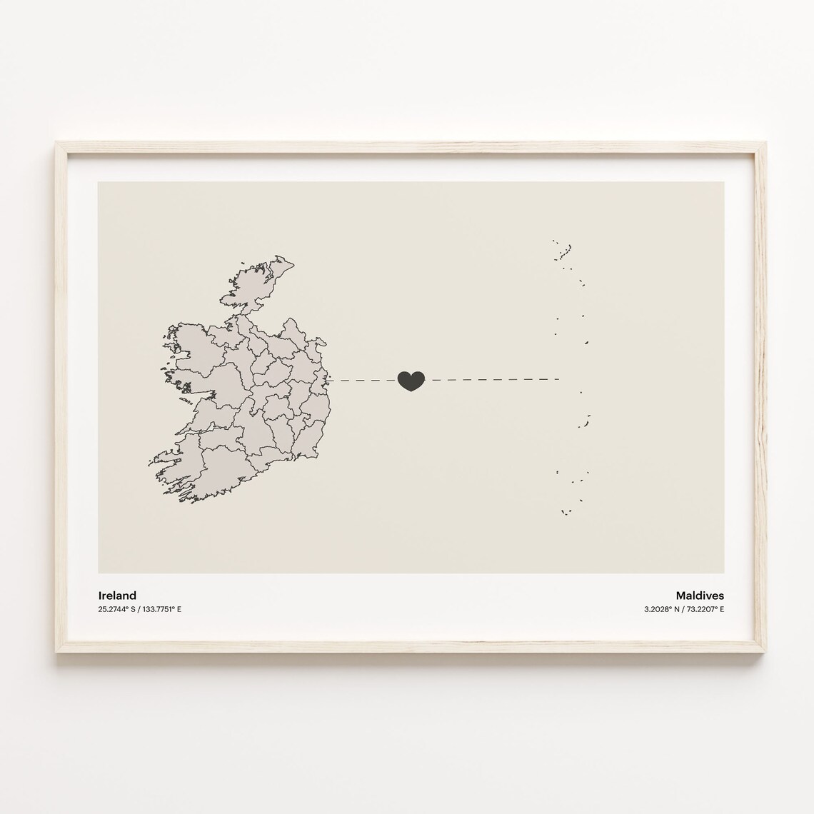 Ireland to Maldives Long Distance Heart Map Minimalist Connection Poster