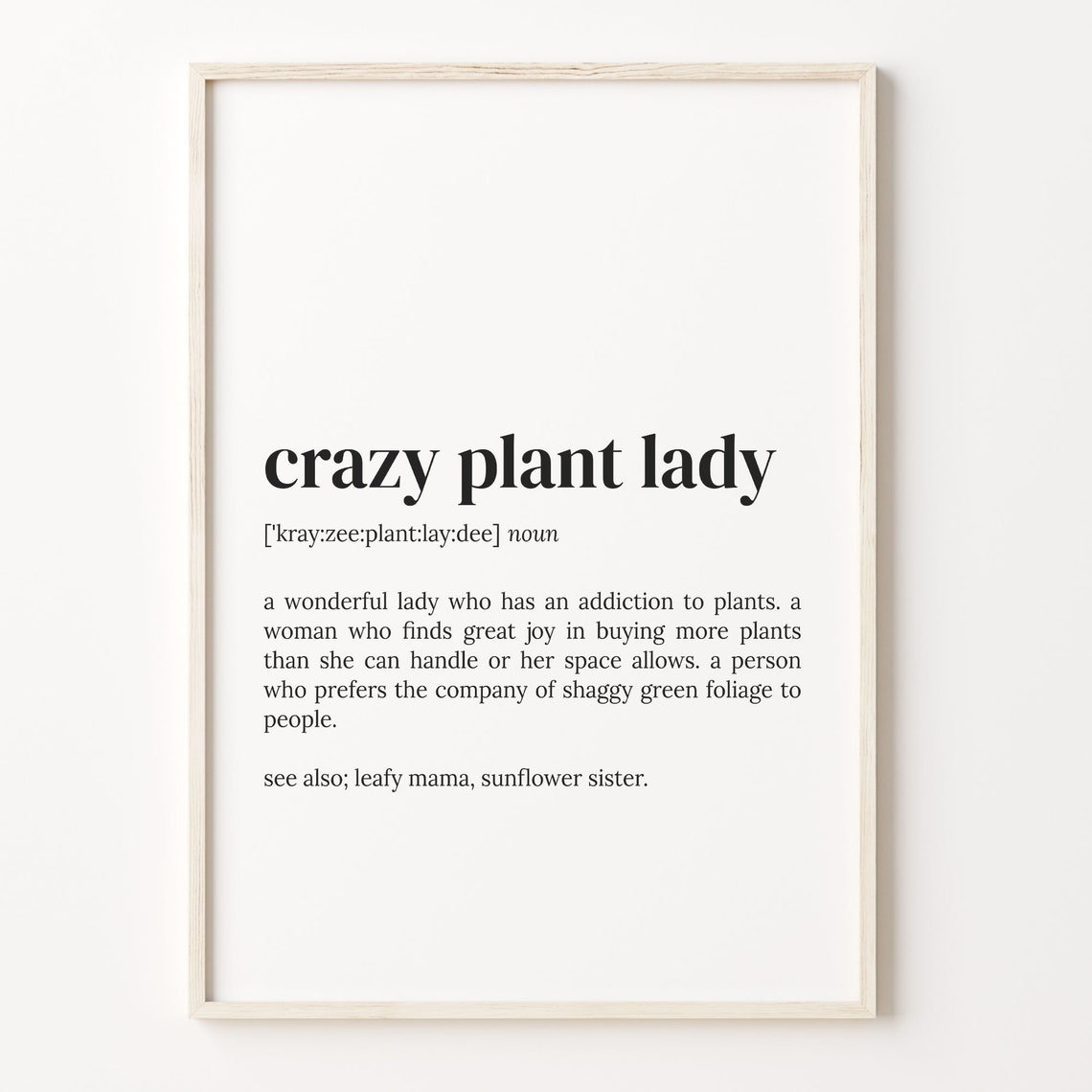 Crazy Plant Lady Definition Poster Funny Gardener Dictionary Decor