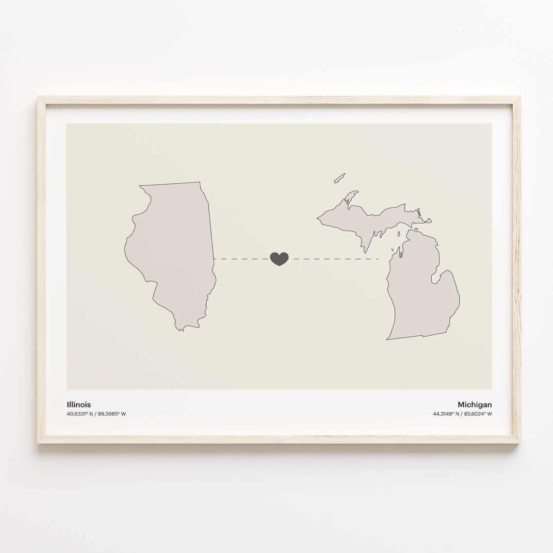 Illinois To Michigan Travel Poster, Minimalist Map
