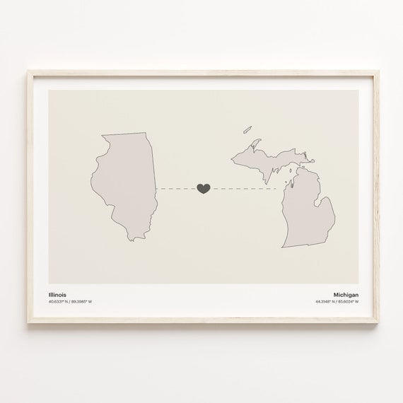 Illinois To Michigan Travel Poster, Minimalist Map
