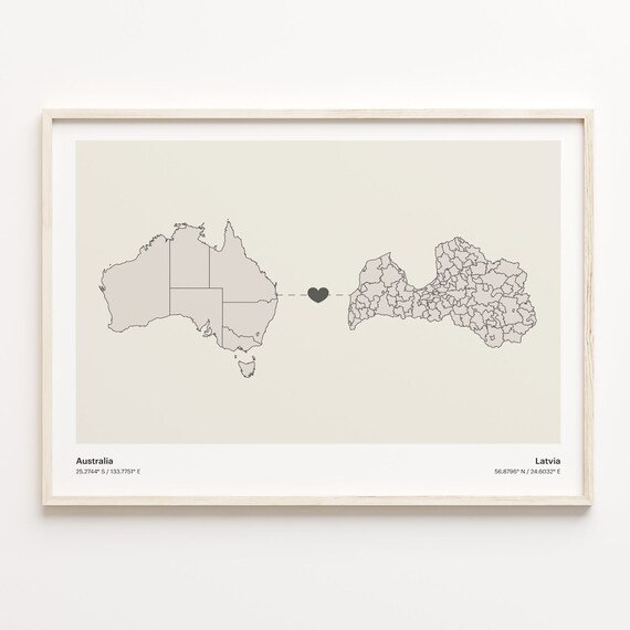 Australia to Latvia Long Distance Heart Connection Map Poster