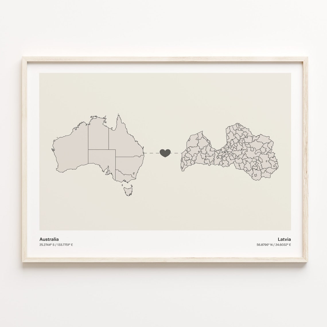Australia to Latvia Long Distance Heart Connection Map Poster