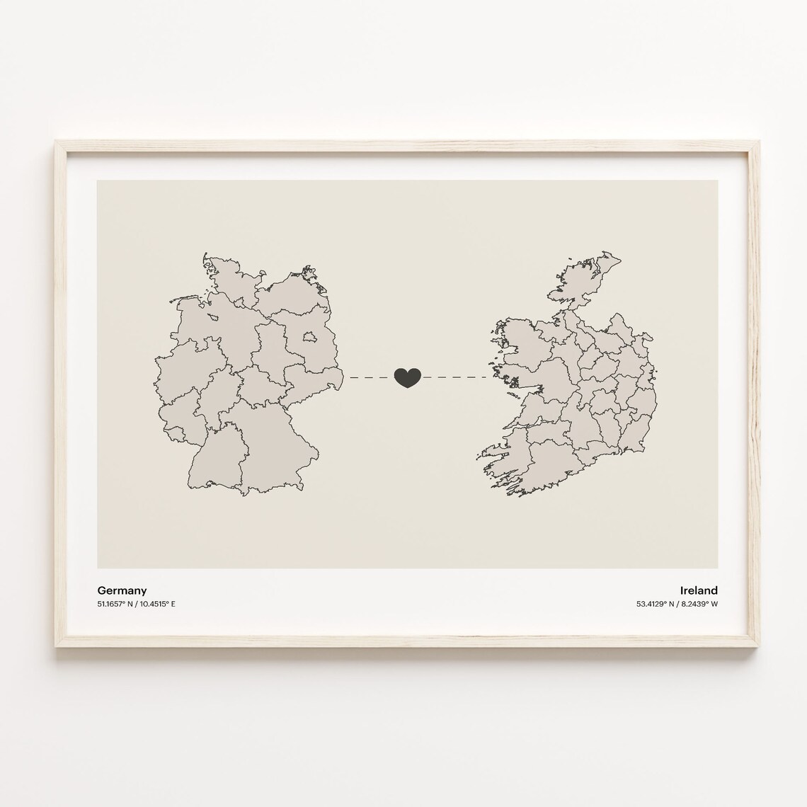 Germany Ireland Long Distance Heart Connection Map Gift Poster