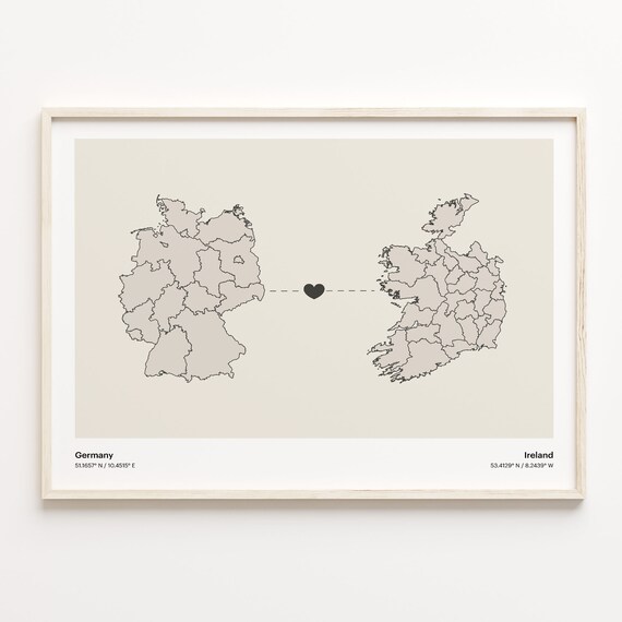 Germany Ireland Long Distance Heart Connection Map Gift Poster