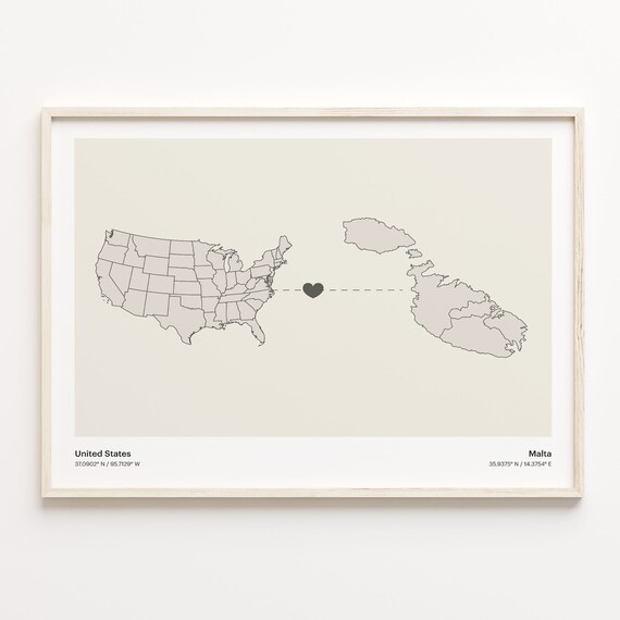United States to Malta Heart Connection Minimalist Country Map Poster