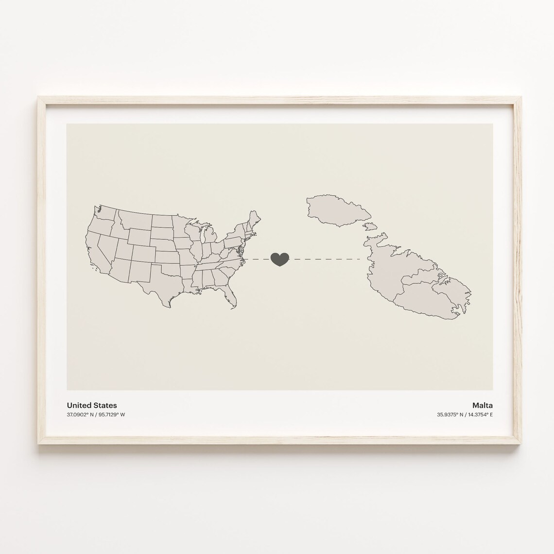 United States to Malta Heart Connection Minimalist Country Map Poster