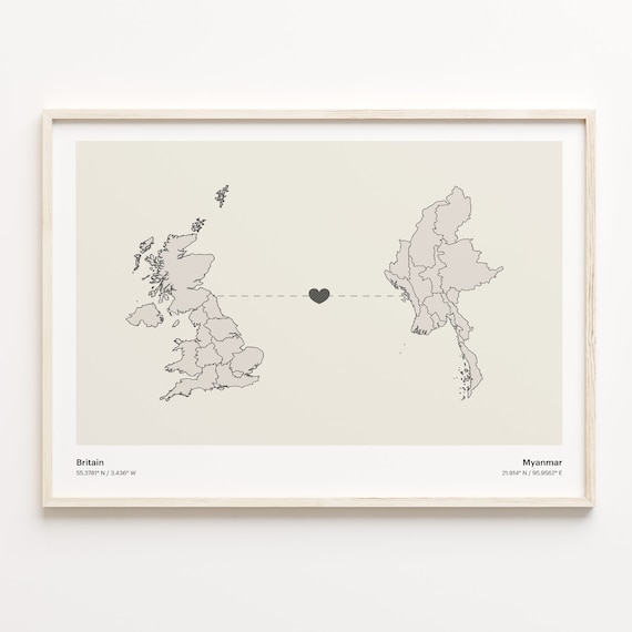 Britain To Myanmar Heart Connection Minimalist Map Art Print