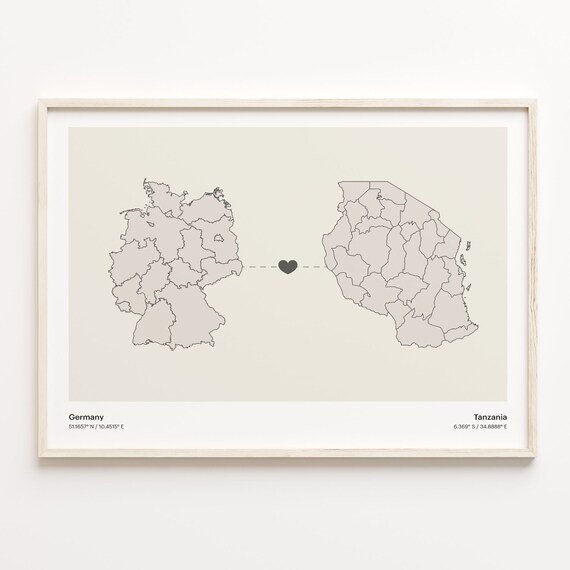Germany To Tanzania Soft Beige Heart Connection Minimalist Map Poster