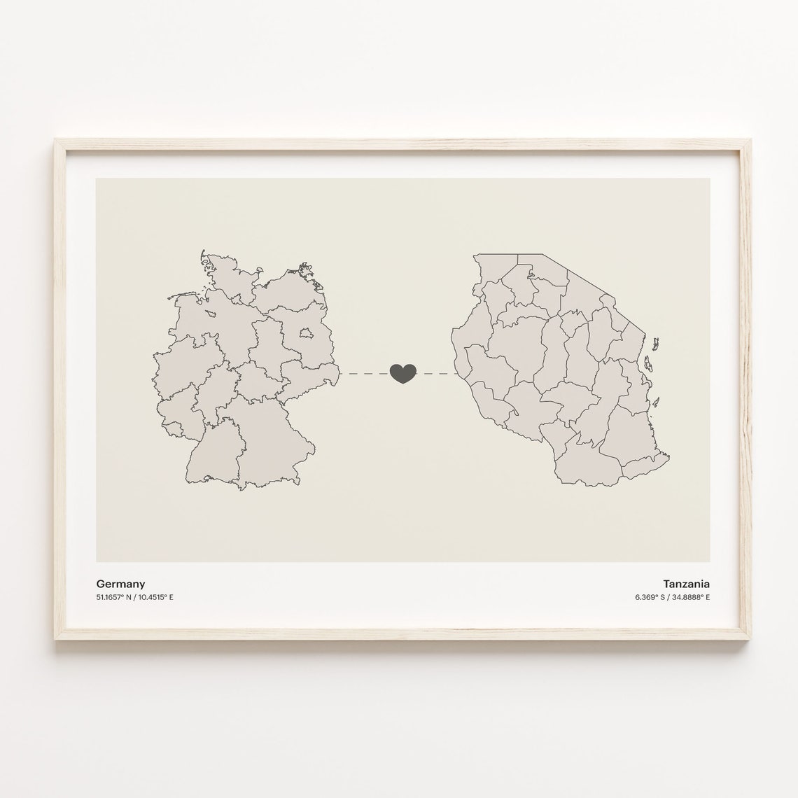 Germany To Tanzania Soft Beige Heart Connection Minimalist Map Poster