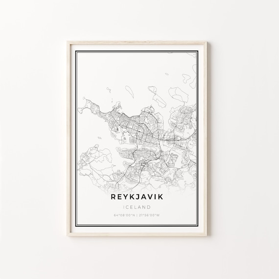 Reykjavik Iceland Modern Minimalist Black and White City Map Poster