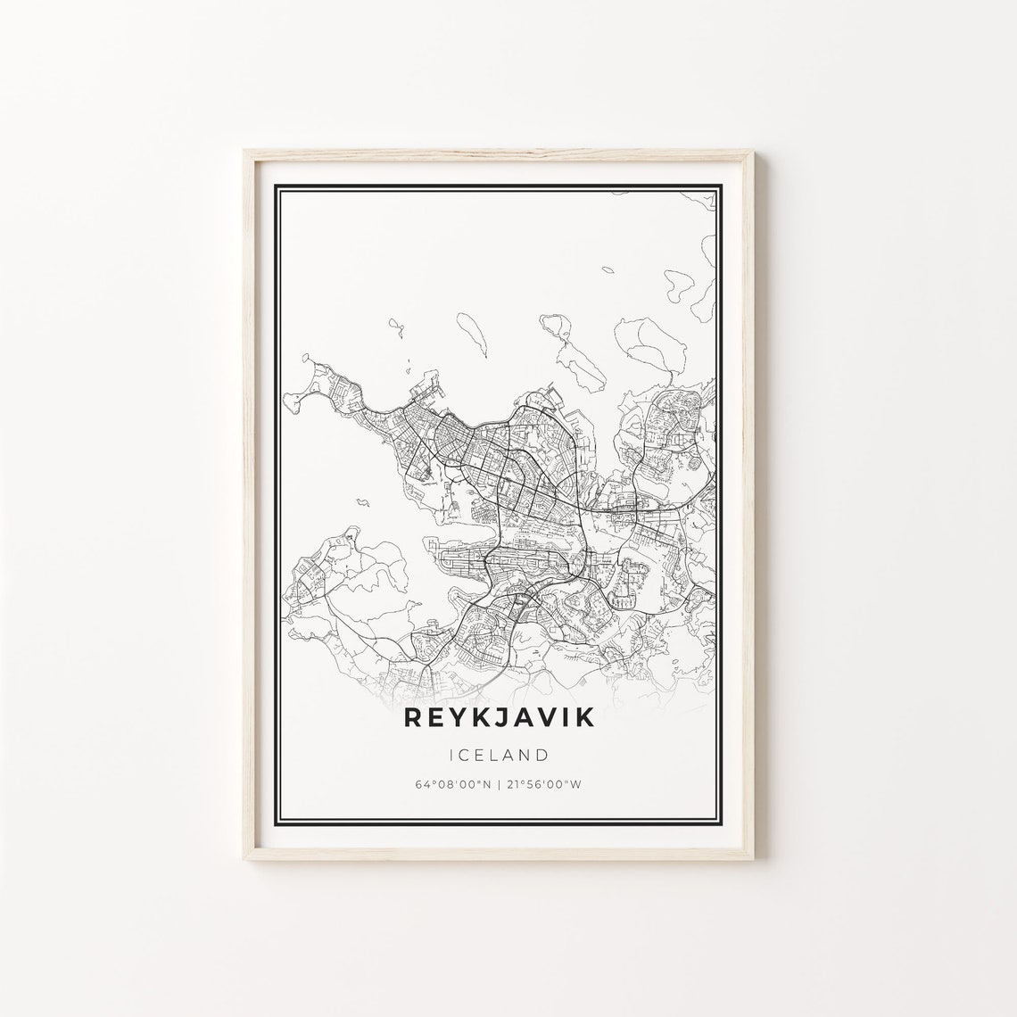Reykjavik Iceland Modern Minimalist Black and White City Map Poster