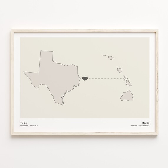 Texas To Hawaii Minimalist Heart Map Long Distance Love Poster