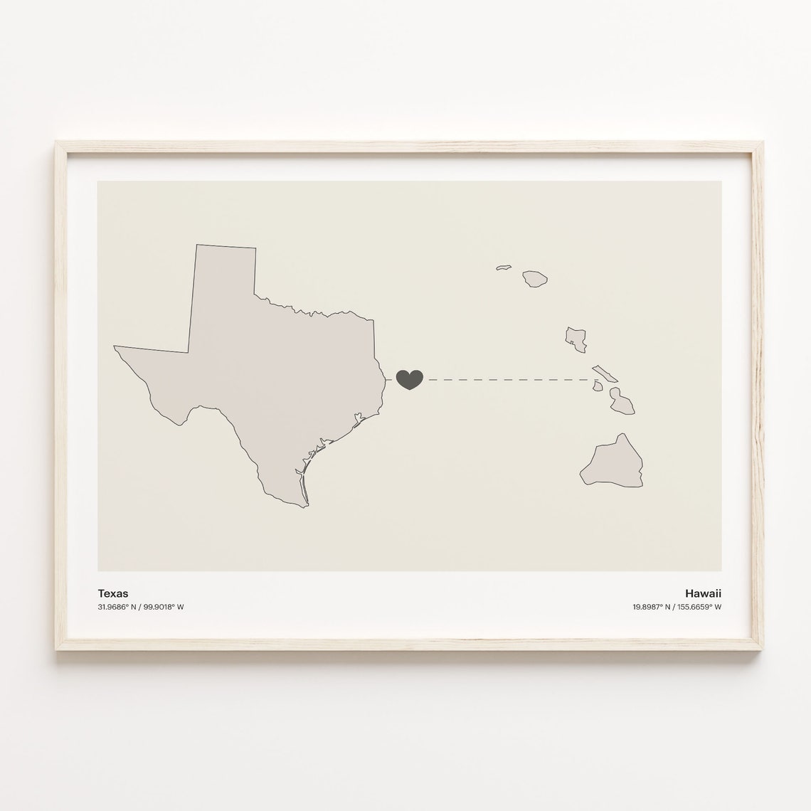 Texas To Hawaii Minimalist Heart Map Long Distance Love Poster
