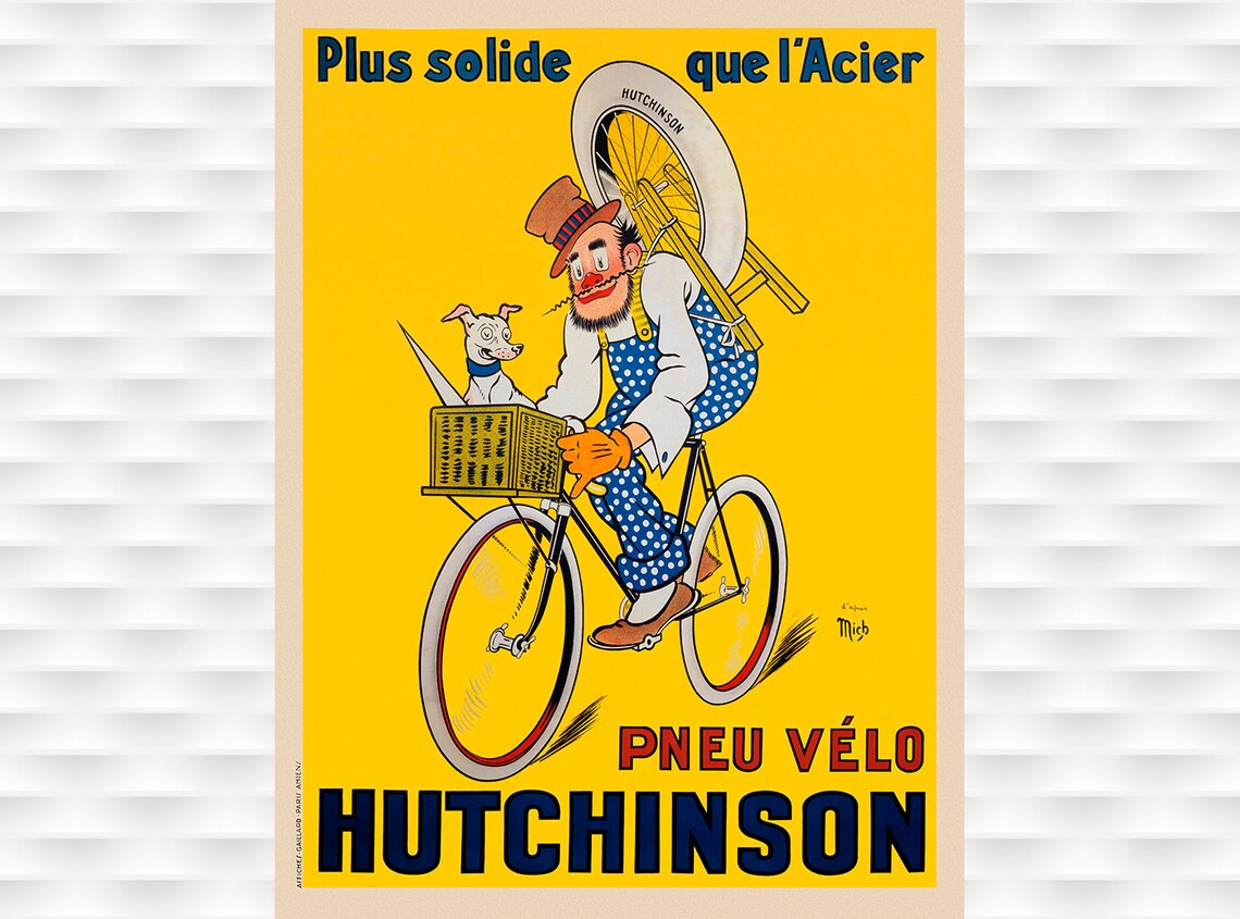 Hutchinson Pneu Vélo Vintage French Tire Poster Clown Cycling Yellow