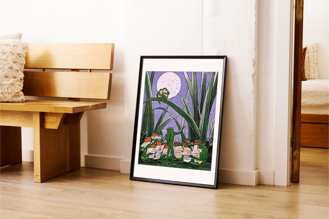 Vintage Frog Choir Singing Under Moonlight Storybook Nursery Poster - Image 2