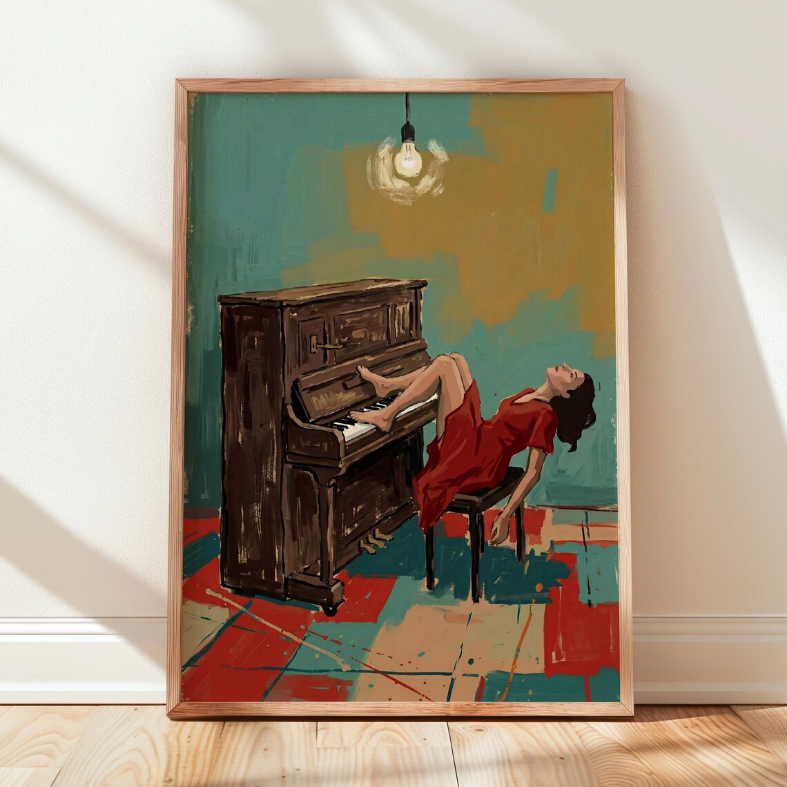 Woman Playing Piano With Feet Red Dress Moody Painting Poster