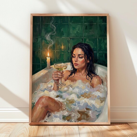 Moody Woman In Bathtub Oil Painting Emerald Green Bathroom Wall Art