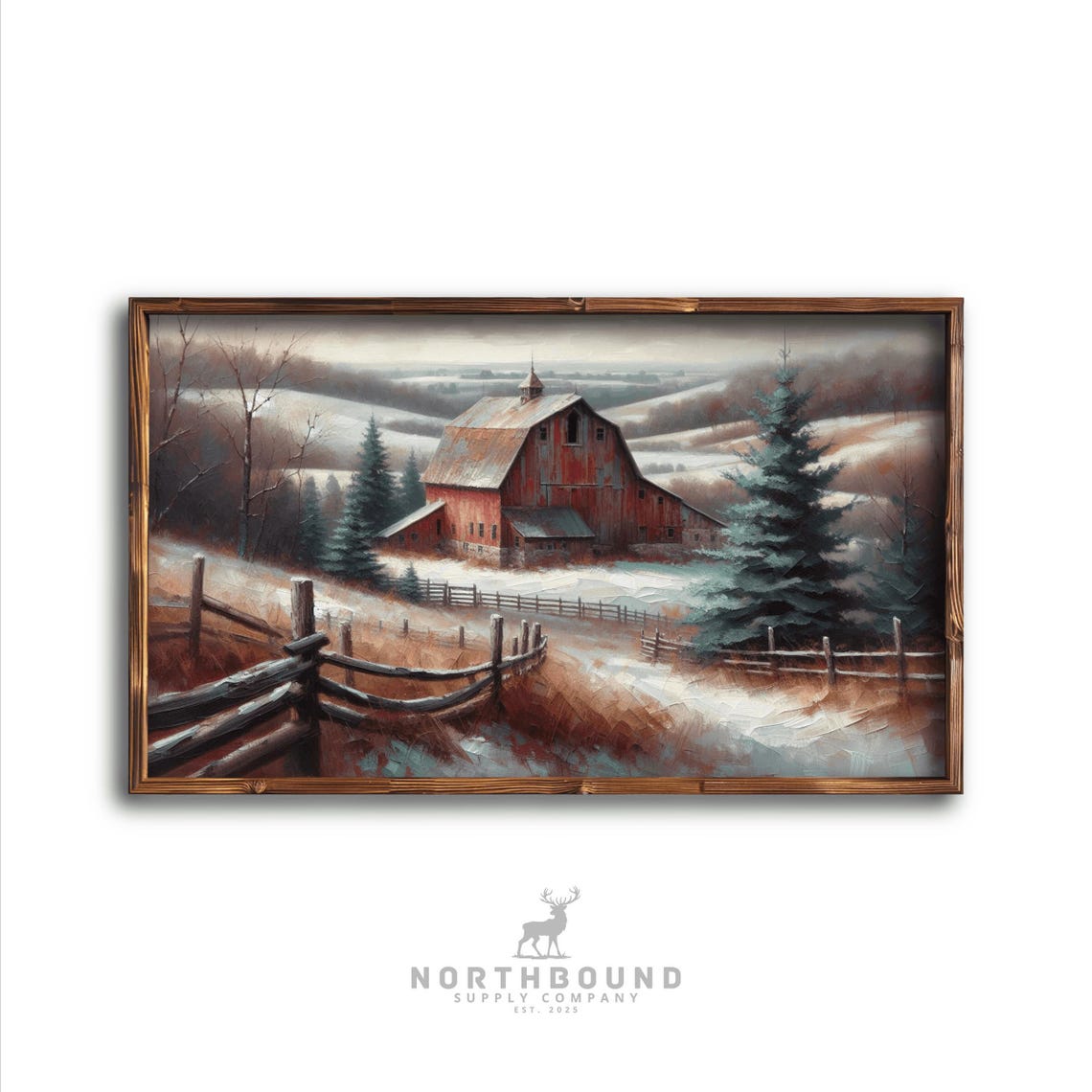 Rustic Red Barn In Winter Snow Rolling Hills Painting Poster