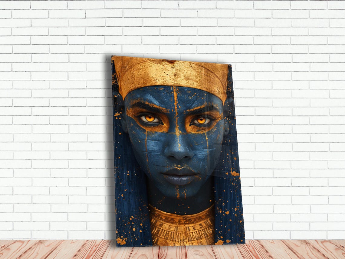 Blue Gold Pharaoh Portrait Poster Egyptian Royalty Front Face Art