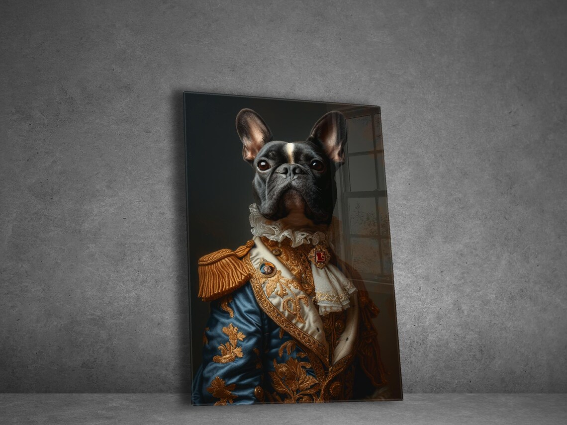 French Bulldog in Blue and Gold Military Uniform Portrait Poster
