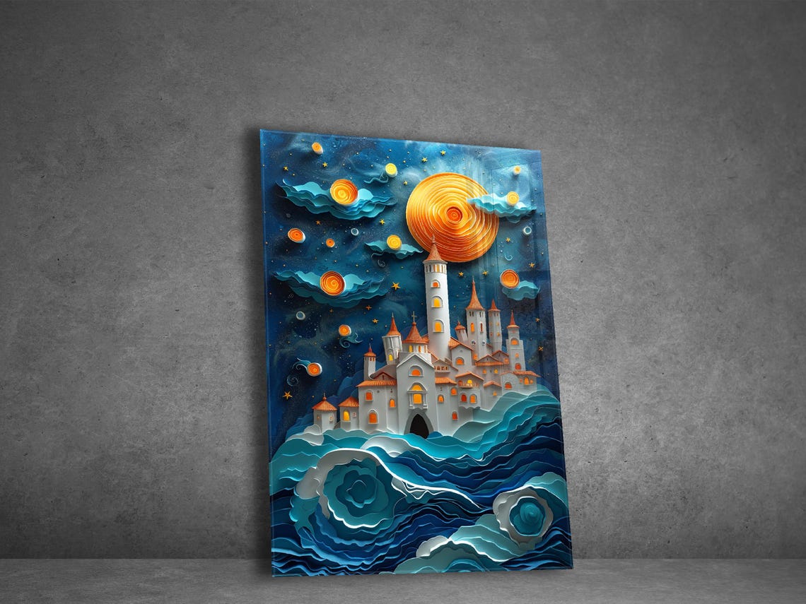 Paper Art Coastal Town Poster Spiral Sun Blue Waves Craft Art