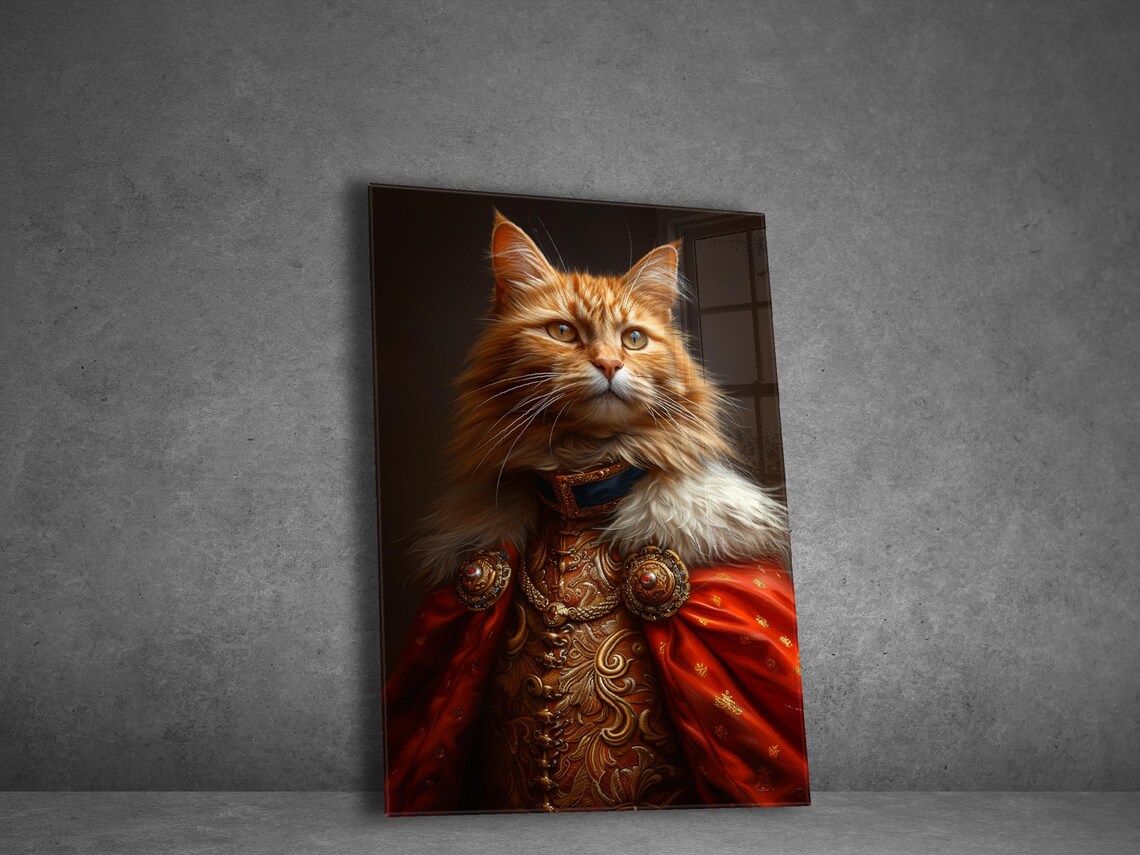 Ginger Longhair Cat in Red Royal Robe Majestic Portrait Poster