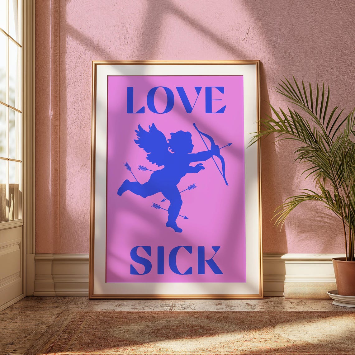 Love Sick Cupid Silhouette Cobalt Blue On Pink Pop Art Poster