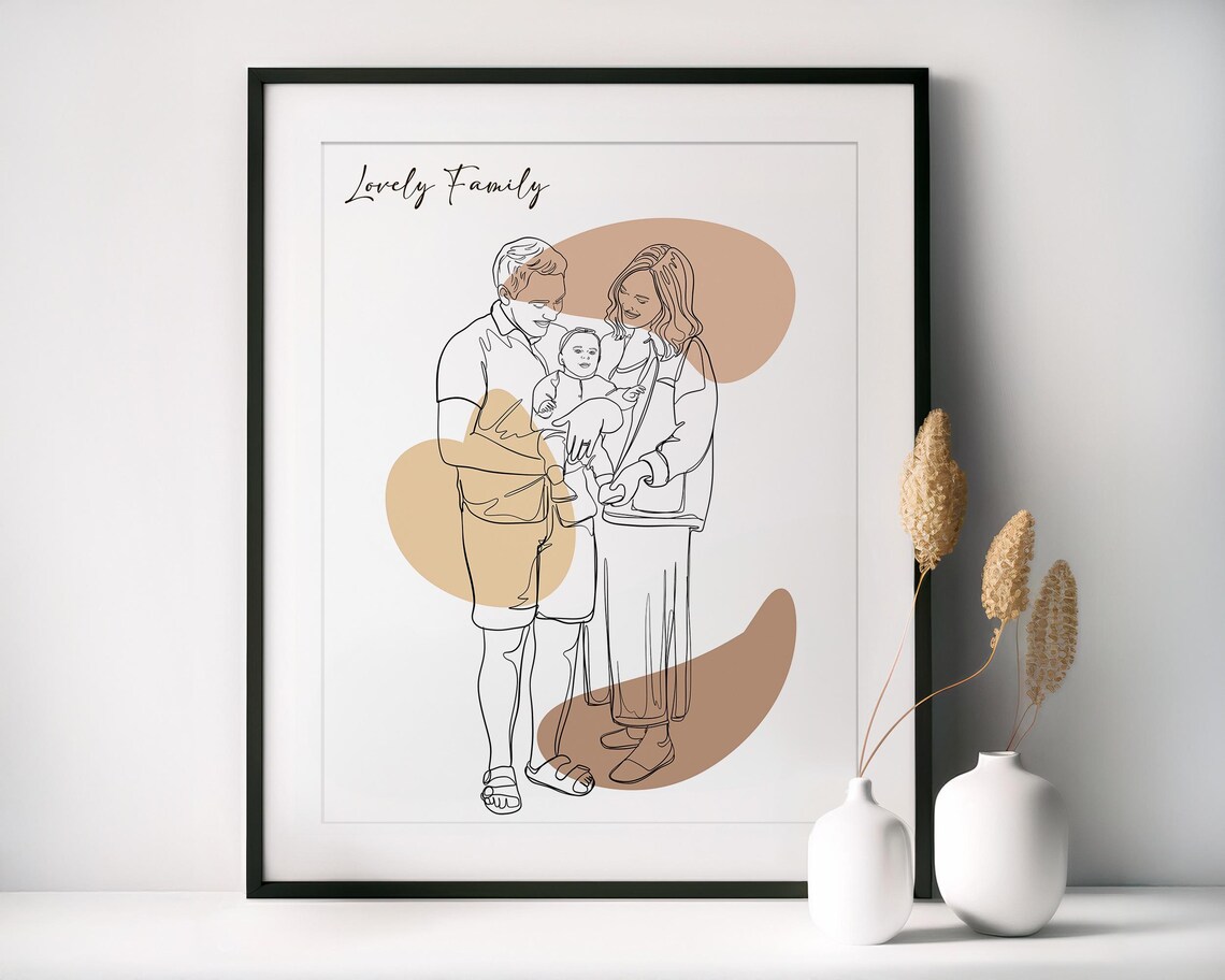 Lovely Family Line Art Portrait of Parents Holding Their Baby Poster